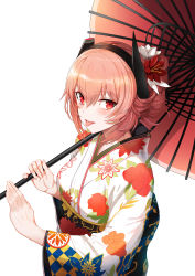 Rule 34 | 1girl, :p, absurdres, alternate hairstyle, bad id, bad pixiv id, commentary request, eyes visible through hair, floral print, flower, girls&#039; frontline, greem bang, hair bun, hair flower, hair ornament, hair up, highres, huge filesize, japanese clothes, kimono, m4 sopmod ii (girls&#039; frontline), oil-paper umbrella, pink hair, red eyes, sidelocks, single hair bun, smile, solo, tongue, tongue out, umbrella, upper body, white background, wide sleeves