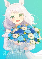 Rule 34 | 1girl, absurdres, animal ears, blue dress, blush, bouquet, dated, dress, flower, grey hair, happy birthday, highres, hishi miracle (umamusume), holding, holding bouquet, horse ears, long hair, looking at viewer, nenbutsu 0416, off-shoulder dress, off shoulder, open mouth, pink eyes, smile, solo, umamusume, upper body