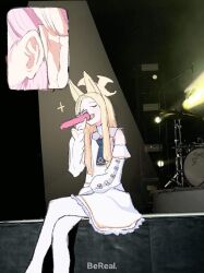 Rule 34 | 2girls, :d, animal ears, aruhian, bereal, blonde hair, blue archive, commentary, crossed legs, detached sleeves, dress, drum, drum set, fan screaming at madison beer (meme), forehead, fox ears, fox girl, frilled dress, frills, halo, highres, holding, holding microphone, inset, instrument, listening, long hair, long sleeves, looking at viewer, meme, microphone, mika (blue archive), multiple girls, music, open mouth, pantyhose, parted bangs, photo background, pink hair, school uniform, seia (blue archive), sidelocks, singing, sitting, sketch, sleeves past fingers, sleeves past wrists, smile, spotlight, symbol-only commentary, turtleneck, white dress, white pantyhose, wide sleeves, zooming in