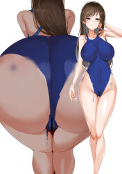 Rule 34 | 1girl, absurdres, ass, bar censor, bare shoulders, blue one-piece swimsuit, blush, bodypaint, breasts, brown eyes, brown hair, censored, cleft of venus, collarbone, commentary request, completely nude, highleg, highleg swimsuit, highres, idolmaster, idolmaster cinderella girls, kneepits, large breasts, long hair, looking at viewer, maruyaa (malya1006), multiple views, navel, nipples, nitta minami, nude, one-piece swimsuit, open mouth, pubic hair, simple background, stomach, swept bangs, swimsuit, thigh gap, thighs, white background