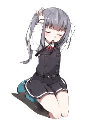 Rule 34 | 10s, 1girl, adjusting hair, bad id, bad twitter id, blouse, closed eyes, comb, dress, grey hair, highres, inactive account, kantai collection, kasumi (kancolle), kasumi kai ni (kancolle), long hair, mitsudoue, mouth hold, neckerchief, no shoes, pinafore dress, ribbon, school uniform, shirt, side ponytail, simple background, sitting, sleeveless, sleeveless dress, solo, tying hair, wariza, white background