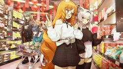 Rule 34 | 4girls, :d, arknights, black shirt, black skirt, black thighhighs, boots, brown eyes, ch&#039;en (arknights), chinese new year, curly hair, food, glasses, green eyes, green hair, grey eyes, grey hair, groceries, hanging lantern, highres, hoshiguma (arknights), jacket, lantern, lay&#039;s (potato chips), leaning, lin (arknights), multiple girls, open mouth, orange hair, paper lantern, pointing, pointing up, pringles, puffy sleeves, red eyes, shirt, shoes, shopping cart, sidelocks, skirt, smile, snack, sneakers, songchuan li, swire (arknights), thighhighs, white hair, white shirt