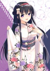 Rule 34 | 1girl, :d, absurdres, bad id, bad pixiv id, black hair, blush, breasts, commentary request, fingernails, floral print, hair between eyes, hair ornament, hairband, hand on own chest, hands up, highres, japanese clothes, kimono, long hair, long sleeves, looking at viewer, medium breasts, nijouin hazuki, obi, open mouth, pinching sleeves, print kimono, purple eyes, red hairband, riddle joker, sash, smile, solo, very long hair, wakuta chisaki, white kimono, wide sleeves