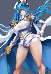 Rule 34 | 1girl, armband, badge, blue eyes, braid, breasts, closed mouth, contrapposto, epaulettes, gloves, gluteal fold, goddess of victory: nikke, hand on own hip, hat, helm (nikke), high heels, highres, holding, holding sword, holding weapon, jacket, kyel hyde, large breasts, long hair, military hat, military jacket, military uniform, naval uniform, peaked cap, shorts, shoulder boards, solo, standing, sword, thighs, uniform, weapon, white gloves, white jacket, white shorts