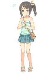 Rule 34 | 1girl, blush, brown hair, camisole, closed mouth, full body, green eyes, highres, kame^^, original, pouch, side ponytail, sidelocks, simple background, skirt, slippers, smile, solo, standing, striped, striped camisole, white background, wristband
