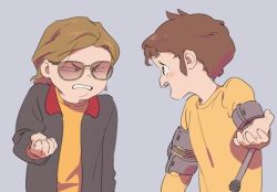 Rule 34 | 2boys, be (ronironibebe), black jacket, blush, braces, brown eyes, brown hair, crutch, eye contact, glaring, glasses, jacket, jimmy valmer, long hair, looking at another, multiple boys, nathan (south park), open mouth, shirt, short hair, smile, south park, teeth, uneven eyes, upper teeth only, yellow shirt