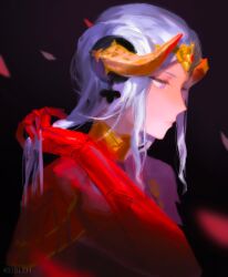 Rule 34 | 1girl, closed mouth, edelgard von hresvelg, fire emblem, fire emblem: three houses, from side, gloves, highres, horns, keibleh, long hair, nintendo, profile, purple eyes, purple hair, red gloves, signature, solo, upper body