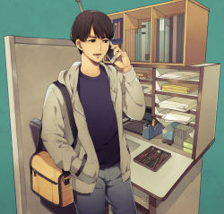 Rule 34 | 1boy, aqua background, bag, black hair, black shirt, bowl cut, brown eyes, cellphone, character request, cowboy shot, desk, hand in pocket, holding, holding phone, hood, hood down, hooded jacket, hoodie, jacket, looking away, male focus, minato (getto m), open clothes, open jacket, open mouth, pants, paper, pencil, pencil sharpener, phone, satchel, shirobako, shirt, smartphone, solo, standing, talking on phone, tape dispenser