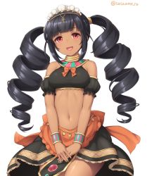 Rule 34 | 1girl, :d, apron, black hair, blunt bangs, blush, bow, bowtie, breasts, dark-skinned female, dark skin, drill hair, hairband, looking at viewer, maid, medium breasts, navel, open mouth, orange apron, orange bow, orange bowtie, original, own hands together, red eyes, sasaame, simple background, smile, solo, stomach, twin drills, twitter username, waist apron, waist cape, white background, wristband