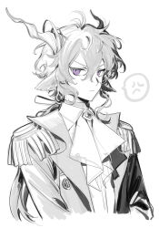 Rule 34 | 1boy, anger vein, animal ears, arknights, ascot, black hair, closed mouth, collared shirt, ebenholz (arknights), epaulettes, goat boy, goat ears, goat horns, hair between eyes, hair ribbon, highres, horns, limited palette, long hair, long sleeves, looking at viewer, male focus, purple eyes, ribbon, shikiri, shirt, simple background, sketch, solo, spoken anger vein, spot color, upper body, white background