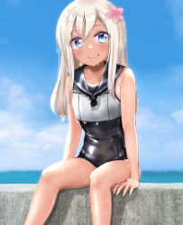Rule 34 | 1girl, bare arms, bare legs, bare shoulders, blue eyes, blue sky, blush, closed mouth, cloud, commentary request, crop top, day, flower, hair flower, hair ornament, kantai collection, long hair, looking at viewer, nontraditional school swimsuit, ocean, one-piece swimsuit, one-piece tan, outdoors, ro-500 (kancolle), sailor collar, sasakura (calicchio), school swimsuit, school uniform, serafuku, sitting, sky, smile, solo, swimsuit, swimsuit under clothes, tan, tanline, water, wet, white hair