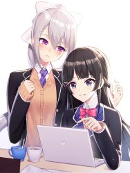 Rule 34 | 2girls, black hair, black jacket, blazer, blue eyes, blush, bow, bowtie, braid, brown cardigan, cardigan, collared shirt, commentary request, computer, cup, dress shirt, hair between eyes, hair bow, hair ornament, hairclip, hands up, head tilt, high ponytail, highres, higuchi kaede, higuchi kaede (1st costume), jacket, laptop, long hair, long sleeves, looking at another, multiple girls, necktie, nijisanji, open clothes, open jacket, parted lips, pink neckwear, plaid neckwear, ponytail, purple eyes, purple neckwear, ririko (zhuoyandesailaer), shirt, sidelocks, silver hair, simple background, sleeves past wrists, smile, tsukino mito, tsukino mito (1st costume), very long hair, virtual youtuber, white background, white bow, white shirt