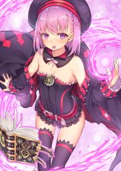 Rule 34 | 1girl, bare shoulders, book, breasts, detached sleeves, fate/grand order, fate (series), hakuishi aoi, hat, helena blavatsky (fate), helena blavatsky (third ascension) (fate), looking at viewer, open mouth, purple eyes, purple hair, sefirot, short hair, small breasts, solo, spell, strapless, thighhighs