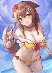 Rule 34 | 1girl, :d, absurdres, animal ears, bad id, bad pixiv id, bare shoulders, bikini, blue sky, blush, bow, braid, breasts, brown hair, buckle, cleavage, cloud, collar, collarbone, commentary, day, dog ears, dog girl, dog tail, fangs, flower, food, hair flower, hair ornament, hibiscus, highres, holding, holding food, hololive, inugami korone, inugami korone (1st costume), japanese clothes, kimono, kurohikage, leaning forward, looking at viewer, medium breasts, navel, ocean, open mouth, orange eyes, outdoors, popsicle, red bow, red flower, scrunchie, sky, smile, solo, stomach, strap slip, swimsuit, tail, twin braids, virtual youtuber, water, wrist scrunchie, yellow bikini