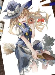 Rule 34 | 1girl, absurdres, apron, art tools in frame, black hat, black skirt, black vest, blonde hair, bow, broom, broom riding, commentary request, cropped legs, earrings, feet out of frame, frilled skirt, frills, green nails, hat, hat bow, highres, holding, jewelry, kirisame marisa, long hair, looking at viewer, mini-hakkero, nail polish, open mouth, photo (medium), puffy short sleeves, puffy sleeves, sharp teeth, shirt, short sleeves, skirt, skirt set, solo, star (symbol), star earrings, teeth, touhou, traditional media, turtleneck, uten kkk, vest, waist apron, white apron, white bow, white shirt, witch hat, yellow eyes, yin yang