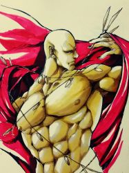 Rule 34 | 1boy, abs, bald, bara, black sclera, cape, colored sclera, earrings, fate/grand order, fate (series), greco-roman clothes, jewelry, koryuu (gackter10), male focus, muscular, nipples, partially colored, pectorals, red eyes, roman clothes, romulus (fate), solo, topless male