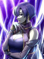 Rule 34 | 1girl, asymmetrical bangs, bracelet, breasts, cleavage, delsaber, dress, earrings, elbow gloves, fire emblem, fire emblem: the blazing blade, glint, gloves, jewelry, lightning, lightning bolt symbol, lips, looking at viewer, medium breasts, nintendo, open mouth, parted bangs, purple background, purple dress, purple eyes, purple gloves, purple hair, short hair, sleeveless, sleeveless dress, solo, straight hair, upper body, ursula (fire emblem)