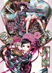 Rule 34 | 3girls, black hair, festival, flower, highres, japanese clothes, kimono, long hair, multiple girls, nao tsukiji, parade, ribbon, umbrella