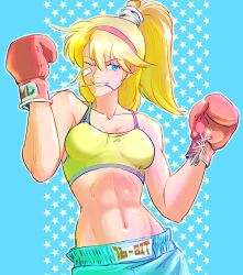 Rule 34 | 1girl, abs, bandaid, bandaid on cheek, bandaid on face, battle mania, bb9 megadrive, biting, blonde hair, blue eyes, blue shorts, boxing gloves, boxing shorts, breasts, cleavage, commentary request, grin, hairband, high ponytail, highres, medium breasts, navel, one eye closed, ootorii mania, red hairband, shorts, smile, solo, sports bra, star (symbol), starry background, upper body