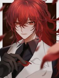 Rule 34 | 1boy, black gloves, black necktie, black shirt, border, brown background, closed mouth, collared shirt, collared vest, crossed bangs, diluc (genshin impact), genshin impact, gloves, hair between eyes, hand up, highres, lips, long hair, long sleeves, looking at viewer, male focus, necktie, outside border, petals, ponytail, red eyes, red hair, shirt, simple background, solo, ssvgo, upper body, vest, white border, white vest