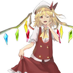 Rule 34 | 1girl, akimikan (2.5deciliter), blonde hair, clothes lift, flandre scarlet, hand on own cheek, hand on own face, hat, highres, looking at viewer, mob cap, one eye closed, open mouth, red eyes, skirt, skirt lift, solo, touhou