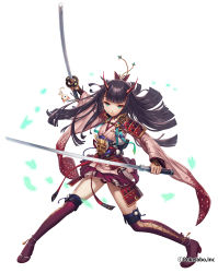 Rule 34 | 1girl, aqua eyes, armor, black hair, blunt bangs, boots, character request, cross summoner, dual wielding, gloves, hair ornament, hime cut, holding, horns, japanese armor, japanese clothes, katana, kimono, kote, long hair, looking at viewer, mana (remana), purple thighhighs, short kimono, shoulder armor, simple background, sode, solo, sword, thigh boots, thighhighs, weapon, wide sleeves