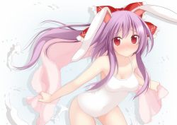 Rule 34 | 1girl, :&lt;, animal ears, bad id, bad pixiv id, bare shoulders, blush, bow, breasts, rabbit ears, chimunge, cleavage, colorized, female focus, hair bow, highres, holding, kani biimu, leaning forward, light purple hair, long hair, looking at viewer, medium breasts, navel, one-piece swimsuit, pink towel, ponytail, purple hair, red eyes, reisen udongein inaba, ribbon, school swimsuit, solo, swimsuit, touhou, towel, very long hair, white school swimsuit, white one-piece swimsuit