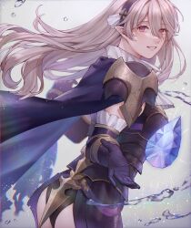 Rule 34 | 1girl, ai tkkm, armor, armored leotard, ascot, ass, black cape, black gloves, black hairband, black leotard, breastplate, cape, corrin (female) (fire emblem), corrin (fire emblem), dragonstone, elbow gloves, fire emblem, fire emblem fates, fire emblem heroes, floating, floating hair, floating object, gloves, grey hair, grin, hair between eyes, hairband, highres, leotard, long hair, looking at viewer, nintendo, official alternate costume, pointy ears, red eyes, smile, solo, white ascot