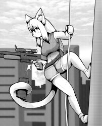 Rule 34 | 1girl, :3, animal ear fluff, animal ears, armpit hair, blush, breasts, building, cat ears, cat tail, claws, climbing, furry, furry female, greyscale, gun, highres, large breasts, long hair, magazine (weapon), mako03021, monochrome, prehensile tail, rappelling, reloading, rifle, short shorts, shorts, skyscraper, smile, sniper rifle, tail, tank top, weapon