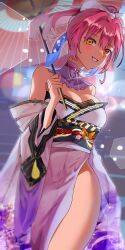 Rule 34 | 1girl, absurdres, anchor, bare shoulders, blurry, blurry background, bow, breasts, cleavage, detached collar, hair ribbon, hand up, heterochromia, high ponytail, highres, holding, holding umbrella, hololive, houshou marine, hpcwg, japanese clothes, kimono, large breasts, long sleeves, looking at viewer, red hair, ribbon, smile, solo, thighs, transparent, transparent umbrella, umbrella, virtual youtuber, white kimono, white ribbon