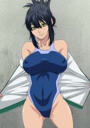 Rule 34 | 1girl, bare shoulders, black hair, breasts, character request, covered erect nipples, female focus, green eyes, highres, large breasts, long hair, looking at viewer, one-piece swimsuit, saki (watashi ga toriko ni natte yaru), screencap, smile, solo, standing, stitched, swimsuit, third-party edit, tight clothes, wall, watashi ga toriko ni natte yaru, wide hips