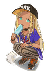 Rule 34 | 10s, 1girl, aqua eyes, baseball cap, blonde hair, bracelet, chain, choker, clothes writing, dark-skinned female, dark skin, eating, food, from above, hat, highres, ice cream, idolmaster, idolmaster cinderella girls, jewelry, layla (idolmaster), lock, long hair, looking at viewer, looking up, madaragi, necklace, open mouth, padlock, pants, pantyhose, popsicle, shoes, sneakers, solo, squatting, striped clothes, striped pants, striped pantyhose, vertical-striped clothes, vertical-striped pants, vertical-striped pantyhose