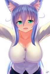 Rule 34 | 1girl, absurdres, animal ear fluff, animal ears, black skirt, blue hair, blush, breasts, buttons, cat ears, cleavage, collarbone, fox ears, green eyes, hair between eyes, highres, kabedon, kyu (wein-seria), large breasts, long hair, long sleeves, looking at viewer, nose blush, open mouth, original, outstretched arms, pov, shirt, skirt, smile, solo, very long hair, white shirt