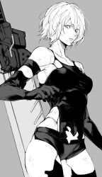 Rule 34 | 1girl, a2 (nier:automata), absurdres, android, bare shoulders, breasts, commentary request, elbow gloves, gloves, grey background, greyscale, highres, joints, lips, looking at viewer, medium breasts, mole, mole under mouth, monochrome, nier:automata, nier (series), nishiii26miii, parted lips, robot joints, short hair, short shorts, shorts, solo, sword, torn clothes, weapon, weapon on back