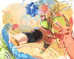 Rule 34 | 1girl, absurdres, arms (game), bad id, bad pixiv id, beanie, bike shorts, blonde hair, boxing gloves, chinese clothes, facepaint, food, green eyes, hat, highres, leggings, leggings under shorts, looking at viewer, mask, min min (arms), noodles, pantyhose, short hair, shorts, solo