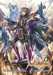 Rule 34 | 1boy, age of ishtaria, armor, armored boots, belt, boots, cloud, company name, copyright name, copyright notice, facial tattoo, fangs, feathered wings, feathers, fire, gloves, hinata gureko, jacket, jacket on shoulders, loki (age of ishtaria), long hair, male focus, monocle, official art, open mouth, orange eyes, sky, solo, tattoo, teeth, wings, wolf