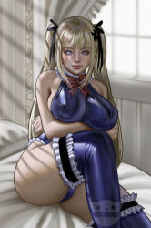 Rule 34 | 1girl, alternate breast size, black ribbon, blue eyes, blue leotard, blue thighhighs, breast hold, breasts, covered erect nipples, crossed arms, dappled sunlight, day, dead or alive, dead or alive 5, frilled leotard, frilled thighhighs, frills, hair ornament, hair ribbon, large breasts, leotard, lips, looking at viewer, marie rose, nose, nyankola, on bed, ribbon, sitting, solo, sunlight, tecmo, thick thighs, thighhighs, thighs, thong leotard, twintails, watermark, x hair ornament