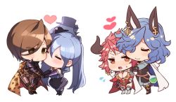 Rule 34 | 1boy, 3girls, :&lt;, = =, animal ears, animal print, armor, armored boots, bare shoulders, bead necklace, beads, belt, black armor, black dress, black footwear, black gloves, black hat, black knight (granblue fantasy), black shirt, blue hair, blush, boots, bottle, bra, breastplate, breasts, brown belt, brown bra, brown cape, brown eyes, brown hair, cape, chibi, cloak, closed eyes, closed mouth, commentary request, cow ears, cow horns, cross, cross earrings, drang (granblue fantasy), dress, earrings, elbow gloves, eno yukimi, eyes visible through hair, facing viewer, flying sweatdrops, frilled dress, frills, full body, gloves, granblue fantasy, greaves, green eyes, grey hair, hair between eyes, hair over one eye, hands on another&#039;s shoulders, hat, heart, holding hands, holster, hood, hood down, hooded cloak, hoop earrings, horns, jewelry, kiss, kissing cheek, leopard print, leotard, long hair, long sleeves, looking at another, looking away, medium breasts, mini hat, multiple girls, necklace, open mouth, orchis, outstretched arms, pauldrons, pink hair, print bra, print cape, purple gloves, red cloak, red gloves, red leotard, scabbard, sheath, sheathed, shirt, short dress, short hair, shoulder armor, sidelocks, simple background, standing, strapless, strapless dress, sturm (granblue fantasy), sweatdrop, thigh boots, thighhighs, twintails, underwear, v-shaped eyebrows, very long hair, wavy hair, white background, white cloak, yuri