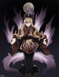 Rule 34 | 1girl, absurdres, aura, black dress, blonde hair, chinese clothes, closed mouth, crescent, dress, full body, full moon, highres, junko (touhou), lips, long hair, moon, night, night sky, phoenix crown, pom pom (clothes), red eyes, red tabard, ribbon, sky, smile, standing, subaru hibiki, tabard, touhou, wavy hair, wide sleeves, yellow ribbon