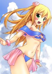 Rule 34 | 1girl, aruha, bare shoulders, blonde hair, breasts, cleavage, commentary request, dark magician girl, detached sleeves, duel monster, female focus, green eyes, hat, large breasts, long hair, looking at viewer, navel, open mouth, smile, solo, yu-gi-oh!, yuu-gi-ou, yu-gi-oh! duel monsters