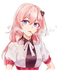 Rule 34 | 1girl, azur lane, blue eyes, breasts, cigarette holder, hair ornament, hairclip, highres, leander (azur lane), long hair, looking at viewer, neck ribbon, open mouth, pink hair, plaid, plaid skirt, ribbon, skirt, smoking, solo, suprii, upper body, white background