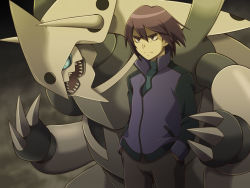 Rule 34 | 1boy, aggron, blue eyes, brown hair, closed mouth, commentary request, creatures (company), cyaneko, game freak, gen 3 pokemon, hair between eyes, hands in pockets, jacket, long sleeves, male focus, mega aggron, mega pokemon, nintendo, pants, paul (pokemon), pokemon, pokemon (anime), pokemon (creature), pokemon dppt (anime), popped collar, purple jacket, sharp teeth, standing, teeth