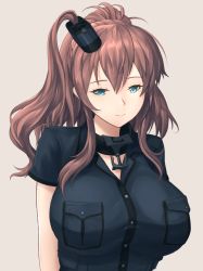 Rule 34 | 1girl, anchor, black dress, blue eyes, breast pocket, breasts, brown background, brown hair, dress, hair between eyes, hair ornament, highres, kantai collection, large breasts, odachu, pocket, ponytail, saratoga (kancolle), short sleeves, side ponytail, sidelocks, simple background, smokestack hair ornament, solo, upper body