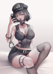 Rule 34 | 1girl, bare shoulders, belt, black hair, black necktie, black panties, black skirt, black socks, breasts, chain, cleavage, collarbone, commentary, cuffs, detached collar, english commentary, grey eyes, hand up, handcuff dangle, handcuffs, highres, holding, holding phone, large breasts, legs folded, midriff, mouth hold, necktie, necktie in mouth, original, panties, pantyshot, phone, police, police badge, police uniform, policewoman, selfie, shadow, short hair, simple background, sitting, skirt, socks, solo, thick thighs, thighs, underwear, uniform, white background, whois