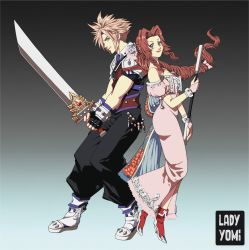 Rule 34 | 1boy, 1girl, aerith gainsborough, alternate costume, amano yoshitaka design, armor, back-to-back, belt, black pants, black shirt, blonde hair, boots, bow, braid, breasts, brown hair, cleavage, cloud strife, detached sleeves, dress, earrings, final fantasy, final fantasy vii, fingerless gloves, gem, gloves, gradient background, green eyes, grey eyes, hair bow, highres, holding, holding weapon, jewelry, long dress, long hair, pants, parted bangs, pink dress, polka dot, polka dot bow, puffy short sleeves, puffy sleeves, shirt, short sleeves, shoulder armor, sidelocks, smile, spiked hair, square enix, staff, strapless, strapless dress, sword, wavy hair, weapon