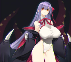Rule 34 | 10mo, 1girl, bare shoulders, bat wings, bb (fate), bb (fate) (all), bb (swimsuit mooncancer) (fate), bb (swimsuit mooncancer) (third ascension) (fate), black coat, blush, breasts, coat, fate/grand order, fate (series), gloves, hair ribbon, highleg, highleg leotard, highres, huge breasts, leotard, long hair, looking at viewer, neck ribbon, open clothes, open coat, popped collar, purple hair, red eyes, red ribbon, ribbon, smile, solo, tentacles, thighs, very long hair, white gloves, white leotard, wings