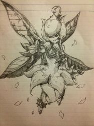 Rule 34 | 1girl, bandai, boots, breasts, digimon, fairy, fairy wings, female focus, lilimon, looking at viewer, monochrome, smile, solo, traditional media, wings, zeke (analogmon)