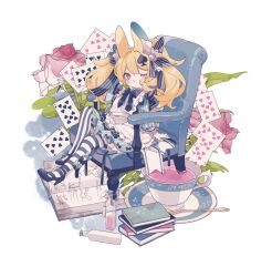 Rule 34 | 1girl, :o, alice (alice in wonderland), alice in wonderland, animal ear fluff, animal ears, apron, asymmetrical legwear, blonde hair, blue bow, blue bowtie, blue dress, blue footwear, blue pantyhose, blue ribbon, blush, book, book stack, bottle, bow, bowtie, card, chair, commentary, cup, dated commentary, dress, frilled apron, frills, full body, hair ribbon, high heels, mismatched legwear, one eye closed, open book, open mouth, original, oversized object, ozureiji, pantyhose, playing card, rabbit ears, red eyes, ribbon, saucer, simple background, spoon, striped clothes, striped dress, striped pantyhose, striped ribbon, teacup, twintails, vertical-striped clothes, vertical-striped pantyhose, white apron, white background, white pantyhose