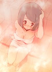 Rule 34 | 1girl, arm support, arm up, barefoot, blush, breasts, bright pupils, cleavage, closed mouth, commentary request, creatures (company), ero kaeru, from above, game freak, grey hair, lana&#039;s mother (pokemon), mature female, medium breasts, naked towel, nintendo, no sclera, pokemon, pokemon (anime), pokemon sm (anime), sauna, short hair, sitting, solo, sweat, toes, towel, white pupils