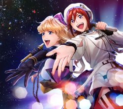 Rule 34 | 2girls, :d, black gloves, blonde hair, blue eyes, dress, elbow gloves, garter straps, gloves, hat, highres, holding, holding microphone, kaname buccaneer, lens flare, long hair, macross, macross delta, macross frontier, microphone, mosako, multiple girls, music, open mouth, outstretched arm, outstretched hand, purple eyes, red hair, sheryl nome, shirt, short hair, singing, sky, smile, standing, star (sky), starry sky, thighhighs, white dress, white headwear, white shirt
